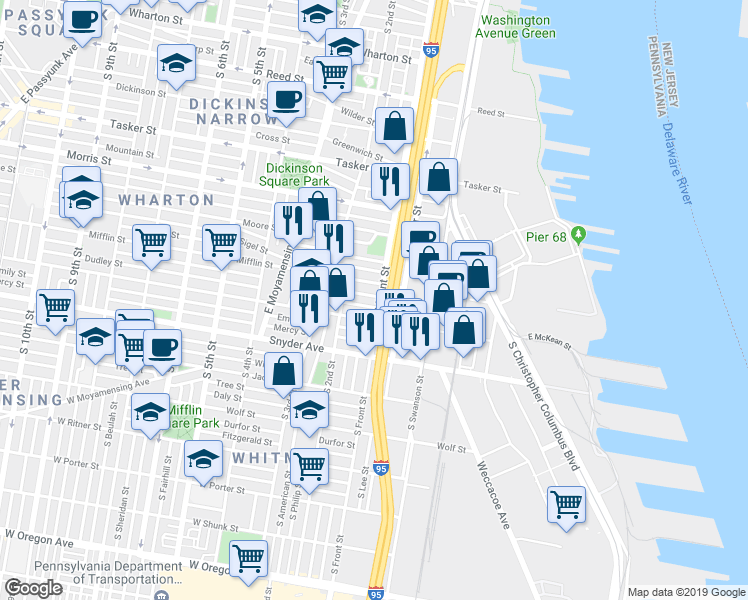 map of restaurants, bars, coffee shops, grocery stores, and more near 120 Mifflin Street in Philadelphia