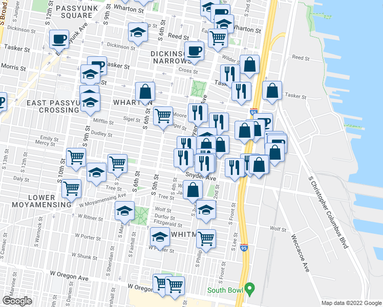 map of restaurants, bars, coffee shops, grocery stores, and more near 1923 South Galloway Street in Philadelphia