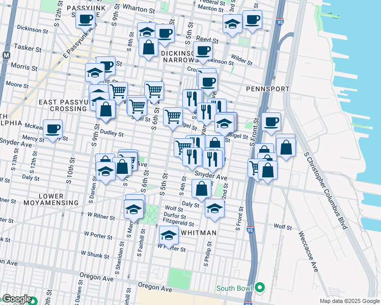 map of restaurants, bars, coffee shops, grocery stores, and more near 308 Mifflin Street in Philadelphia