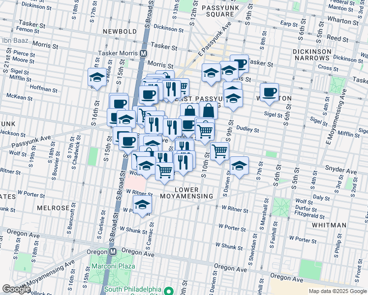 map of restaurants, bars, coffee shops, grocery stores, and more near in Philadelphia