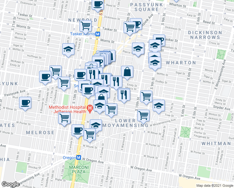map of restaurants, bars, coffee shops, grocery stores, and more near 1215 Snyder Avenue in Philadelphia