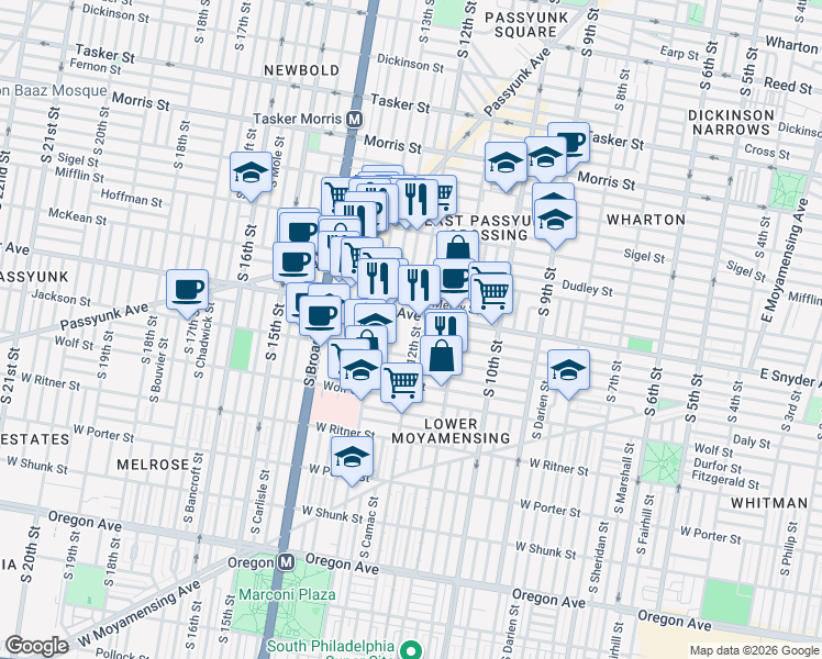 map of restaurants, bars, coffee shops, grocery stores, and more near 1215 Snyder Avenue in Philadelphia