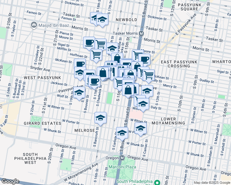 map of restaurants, bars, coffee shops, grocery stores, and more near 2131 South Mole Street in Philadelphia