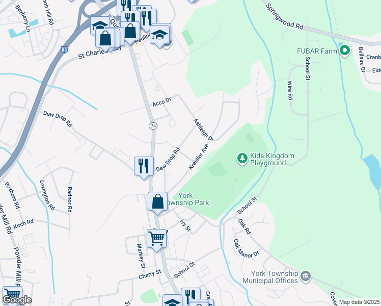 map of restaurants, bars, coffee shops, grocery stores, and more near 2265 May Apple Drive in York