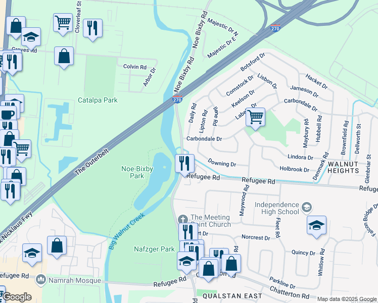 map of restaurants, bars, coffee shops, grocery stores, and more near 2579 Lipton Road in Columbus