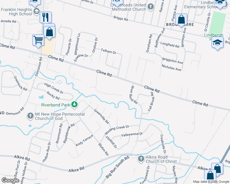 map of restaurants, bars, coffee shops, grocery stores, and more near 3209 Clime Road in Columbus