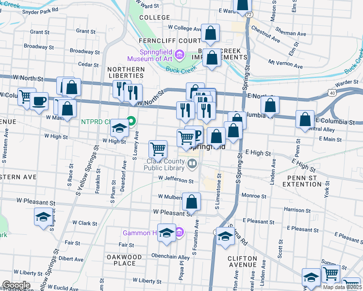 map of restaurants, bars, coffee shops, grocery stores, and more near 23 South Center Street in Springfield