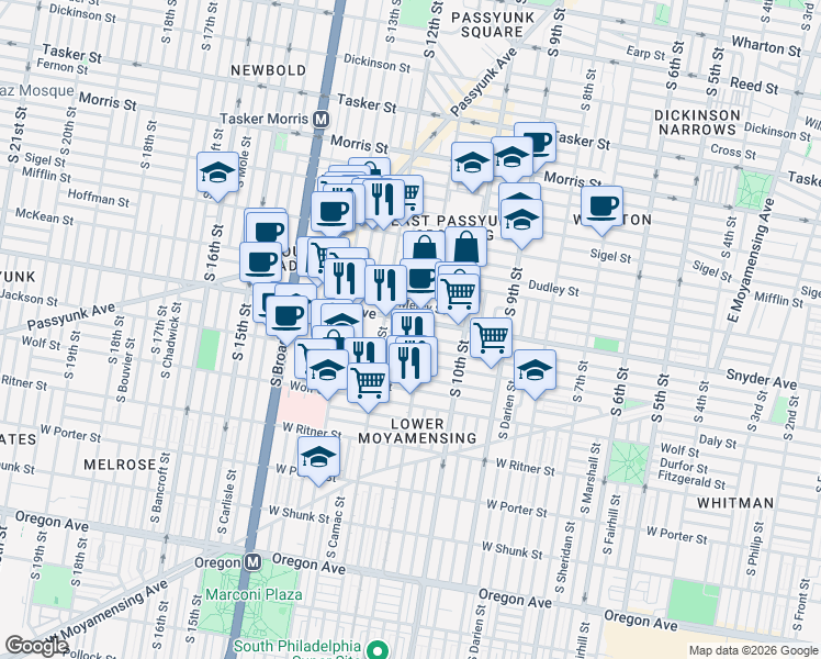 map of restaurants, bars, coffee shops, grocery stores, and more near in Philadelphia