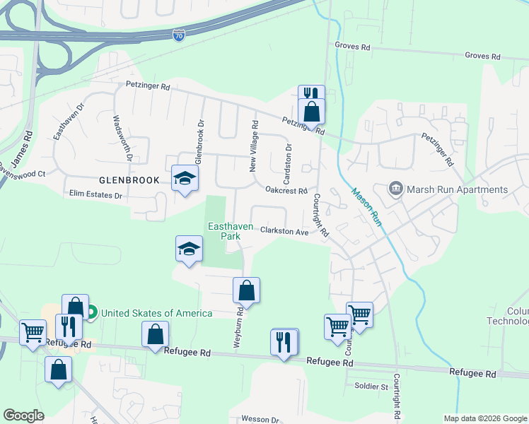 map of restaurants, bars, coffee shops, grocery stores, and more near 3386 Bruceton Avenue in Columbus