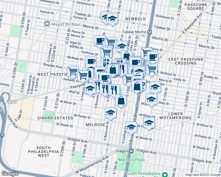 map of restaurants, bars, coffee shops, grocery stores, and more near 2137 South Chadwick Street in Philadelphia