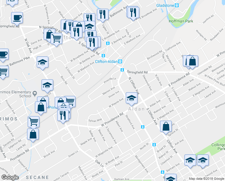 map of restaurants, bars, coffee shops, grocery stores, and more near 122 Merion Avenue in Aldan