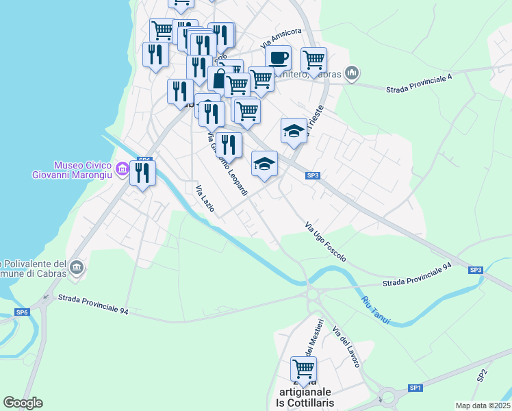 map of restaurants, bars, coffee shops, grocery stores, and more near 87 Via Giacomo Leopardi in Cabras