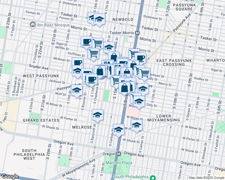 map of restaurants, bars, coffee shops, grocery stores, and more near 2131 South Mole Street in Philadelphia