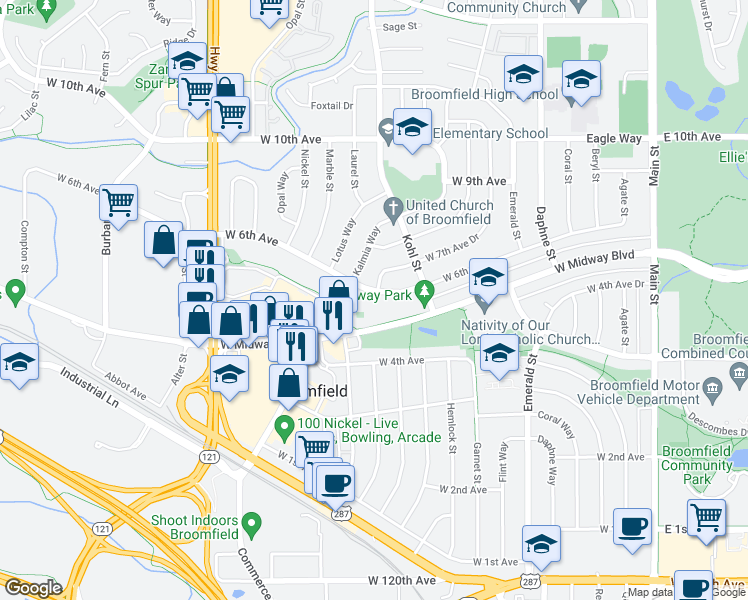 map of restaurants, bars, coffee shops, grocery stores, and more near 1256 West 6th Avenue in Broomfield