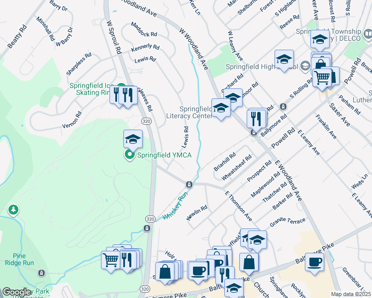 map of restaurants, bars, coffee shops, grocery stores, and more near 227 Lewis Road in Springfield