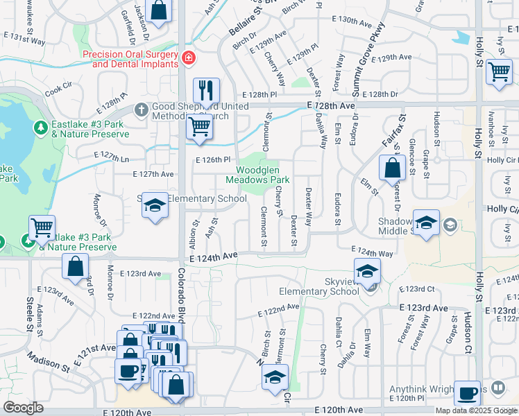 map of restaurants, bars, coffee shops, grocery stores, and more near 12521 Clermont Street in Thornton