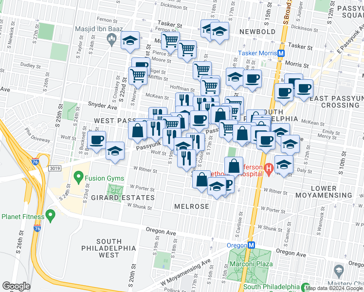 map of restaurants, bars, coffee shops, grocery stores, and more near 1826 Tree Street in Philadelphia