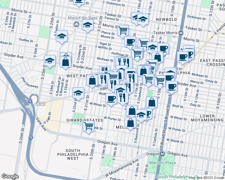 map of restaurants, bars, coffee shops, grocery stores, and more near 2214 South 19th Street in Philadelphia