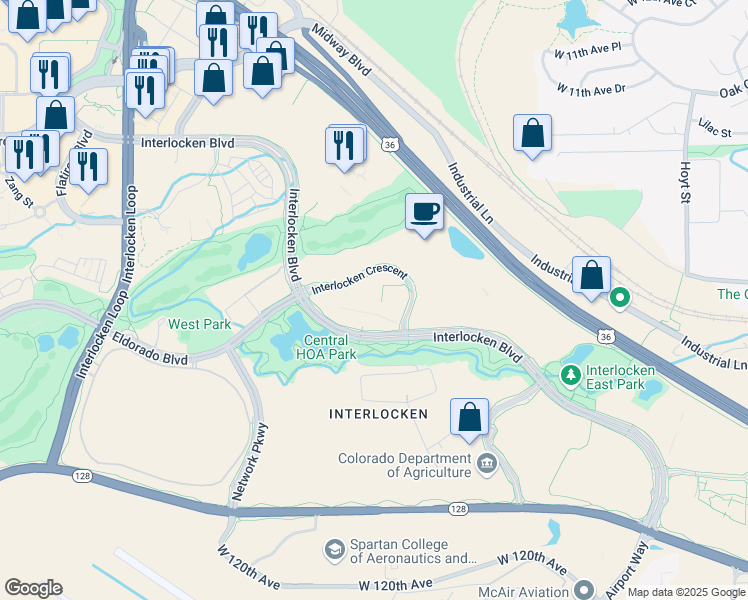map of restaurants, bars, coffee shops, grocery stores, and more near 385 Interlocken Crescent in Broomfield