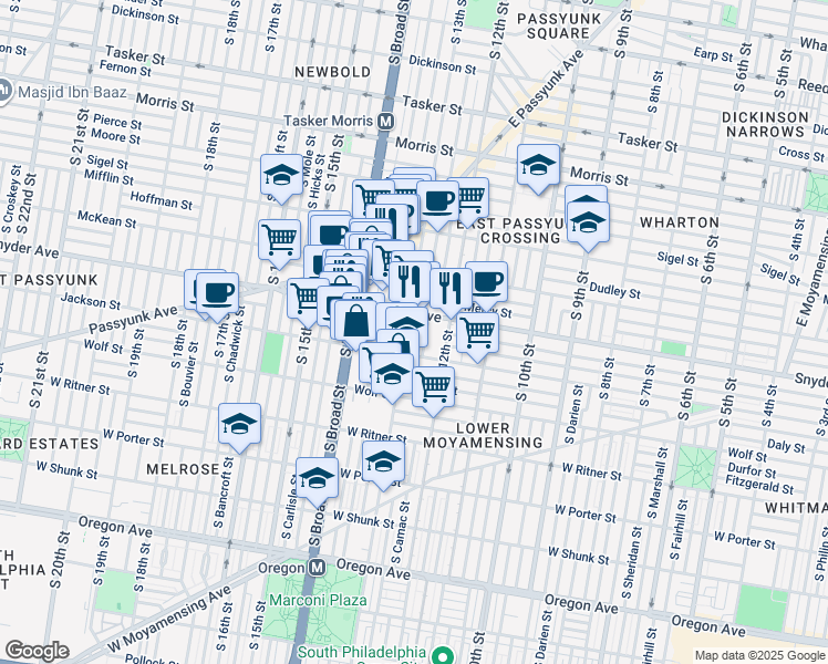 map of restaurants, bars, coffee shops, grocery stores, and more near 2121 South 13th Street in Philadelphia