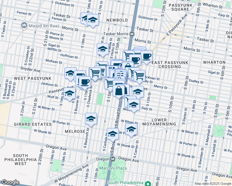 map of restaurants, bars, coffee shops, grocery stores, and more near 2140 South Rosewood Street in Philadelphia