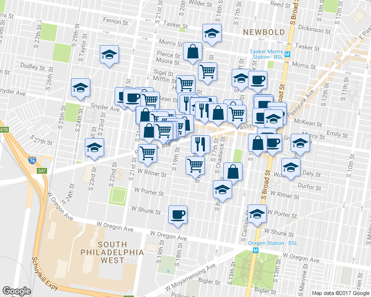 map of restaurants, bars, coffee shops, grocery stores, and more near 1830 Tree Street in Philadelphia