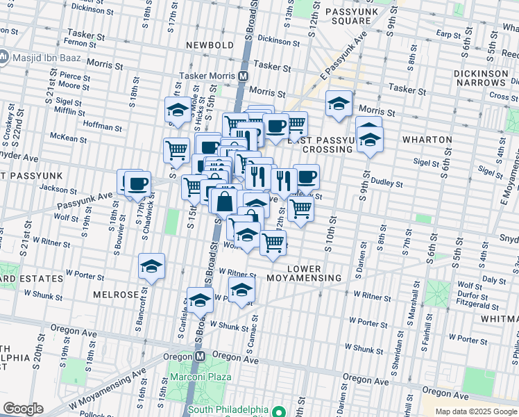 map of restaurants, bars, coffee shops, grocery stores, and more near 2121 South 13th Street in Philadelphia