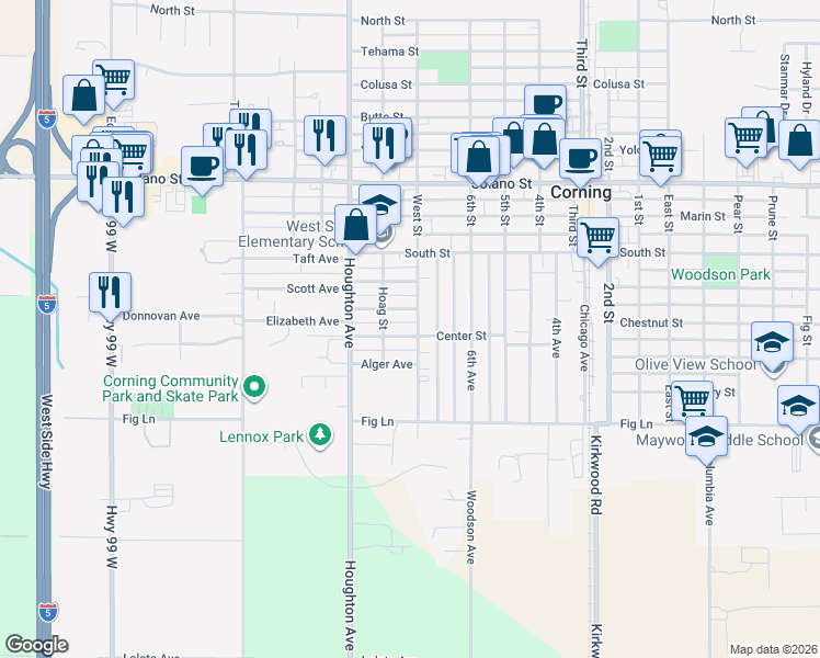 map of restaurants, bars, coffee shops, grocery stores, and more near 1218 West Street in Corning