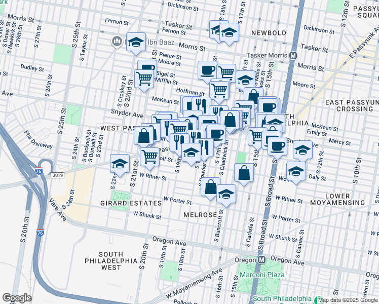 map of restaurants, bars, coffee shops, grocery stores, and more near 1828 Tree Street in Philadelphia