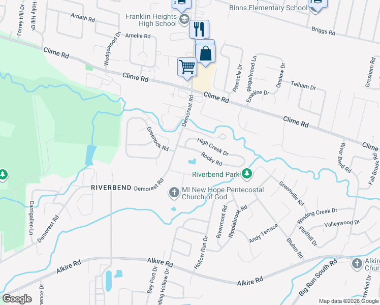 map of restaurants, bars, coffee shops, grocery stores, and more near 3616 Rocky Road in Columbus