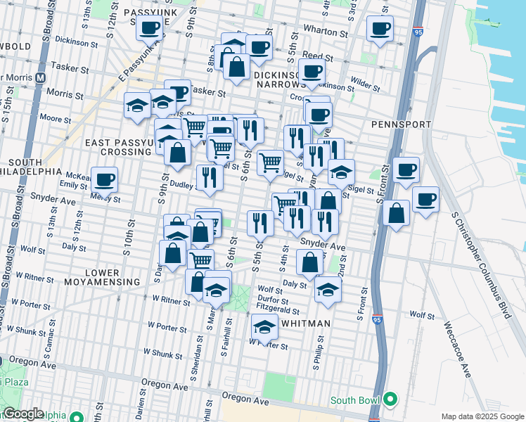 map of restaurants, bars, coffee shops, grocery stores, and more near 510 McKean Street in Philadelphia