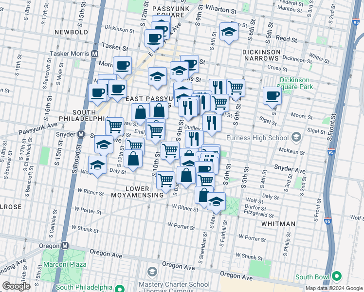 map of restaurants, bars, coffee shops, grocery stores, and more near 2038 South Darien Street in Philadelphia