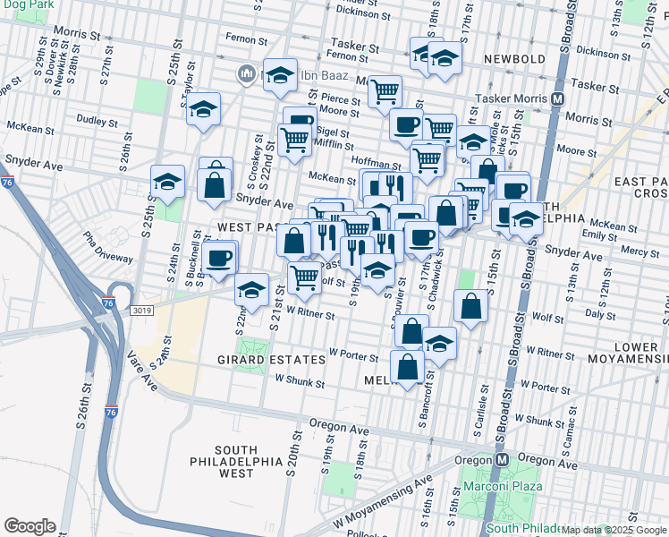 map of restaurants, bars, coffee shops, grocery stores, and more near 2218 South Opal Street in Philadelphia