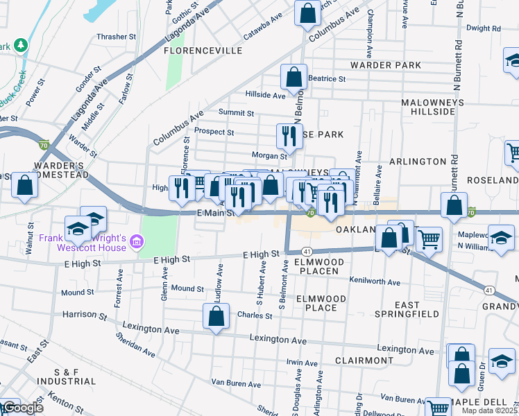 map of restaurants, bars, coffee shops, grocery stores, and more near 1810 East Main Street in Springfield