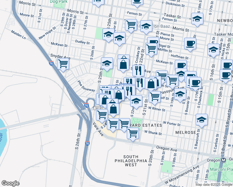 map of restaurants, bars, coffee shops, grocery stores, and more near 2313 S Bucknell St in Philadelphia