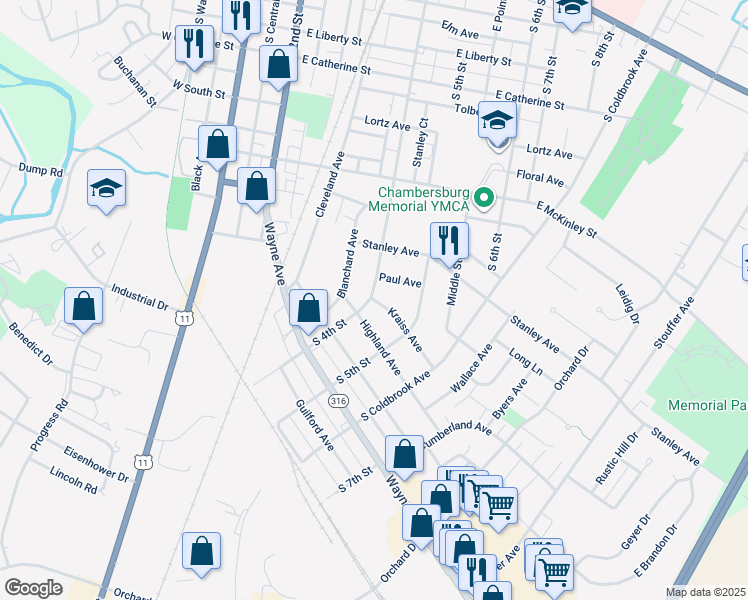 map of restaurants, bars, coffee shops, grocery stores, and more near 407 Kraiss Avenue in Chambersburg