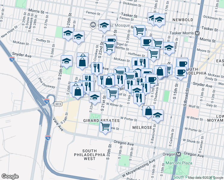 map of restaurants, bars, coffee shops, grocery stores, and more near 2217 South Woodstock Street in Philadelphia