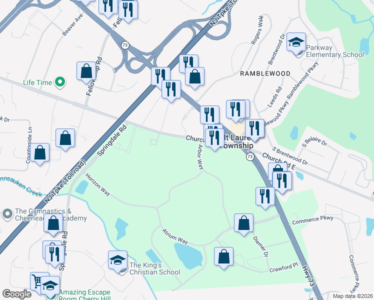 map of restaurants, bars, coffee shops, grocery stores, and more near 4140 Church Road in Mount Laurel Township