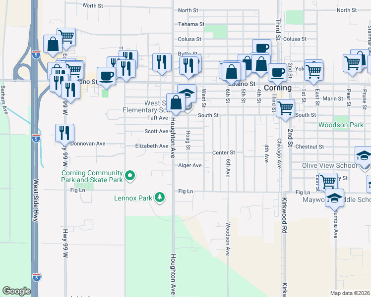 map of restaurants, bars, coffee shops, grocery stores, and more near 1280 Hoag Street in Corning