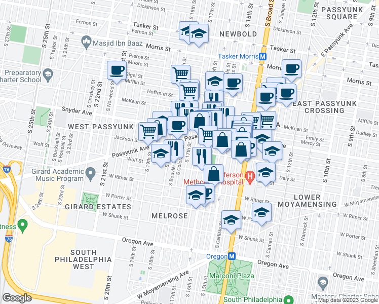 map of restaurants, bars, coffee shops, grocery stores, and more near 1640 Jackson Street in Philadelphia