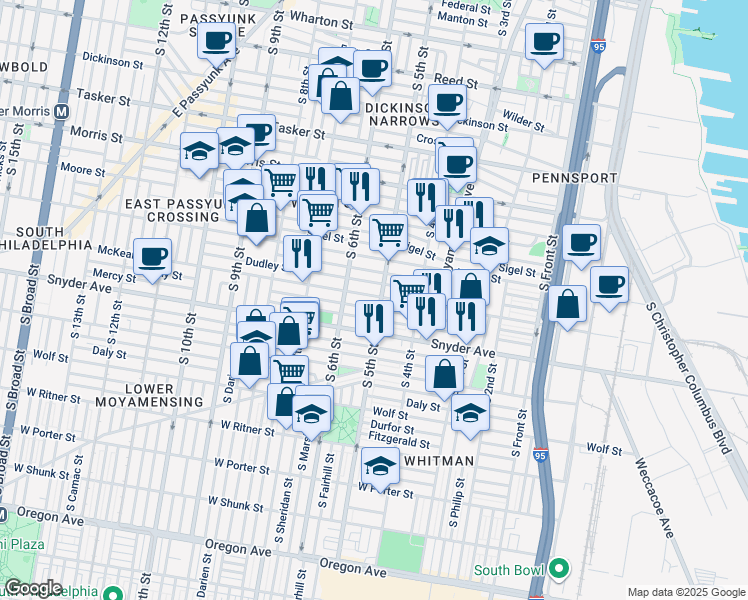 map of restaurants, bars, coffee shops, grocery stores, and more near 524 McKean Street in Philadelphia