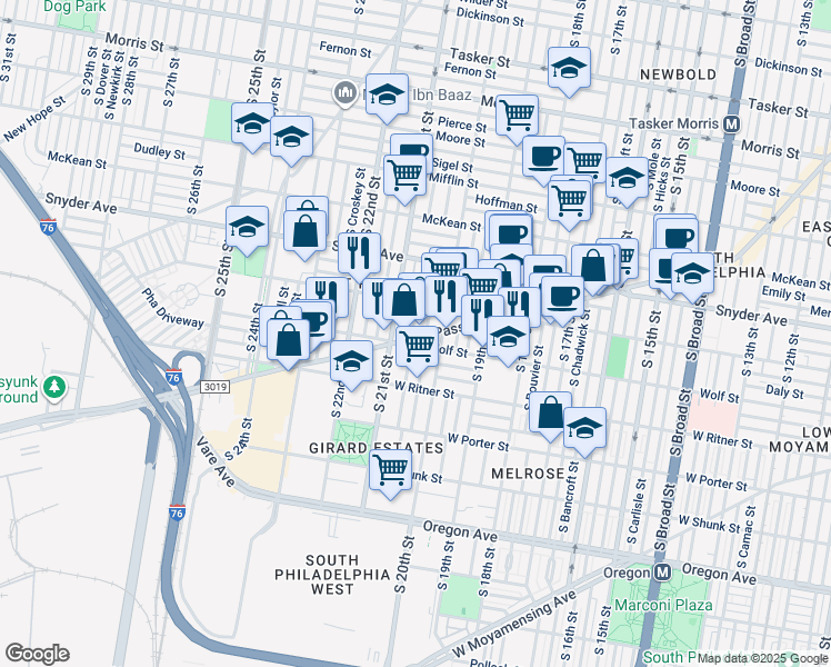 map of restaurants, bars, coffee shops, grocery stores, and more near 2243 South Lambert Street in Philadelphia