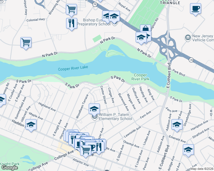 map of restaurants, bars, coffee shops, grocery stores, and more near 225 South Park Drive in Collingswood