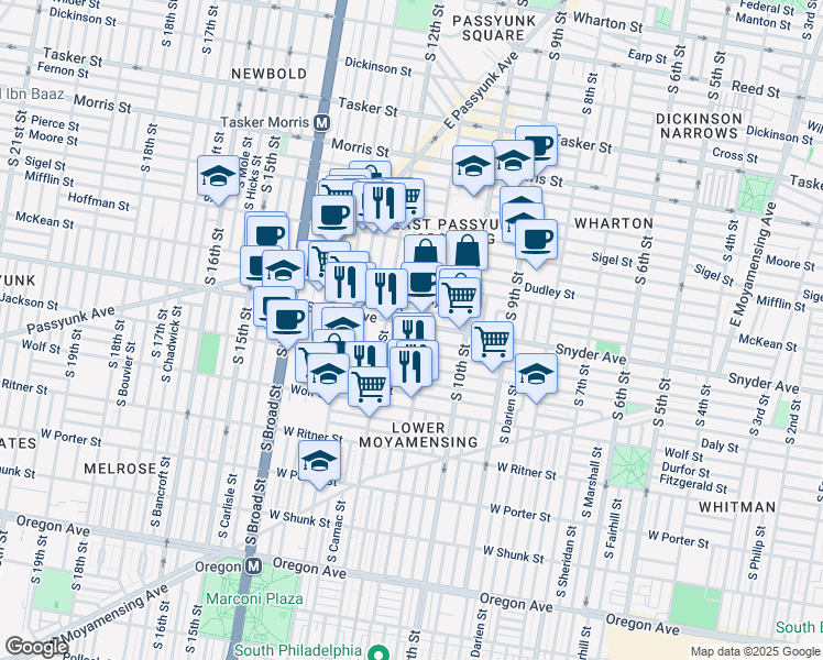 map of restaurants, bars, coffee shops, grocery stores, and more near 1114 Snyder Avenue in Philadelphia