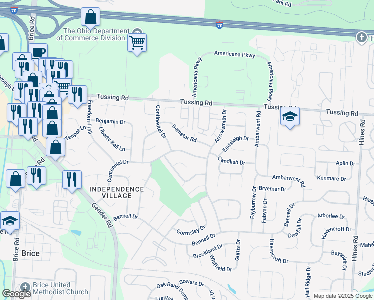 map of restaurants, bars, coffee shops, grocery stores, and more near 6804 Centennial Drive in Reynoldsburg
