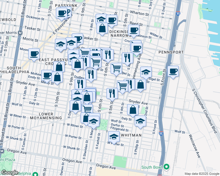 map of restaurants, bars, coffee shops, grocery stores, and more near 510 McKean Street in Philadelphia
