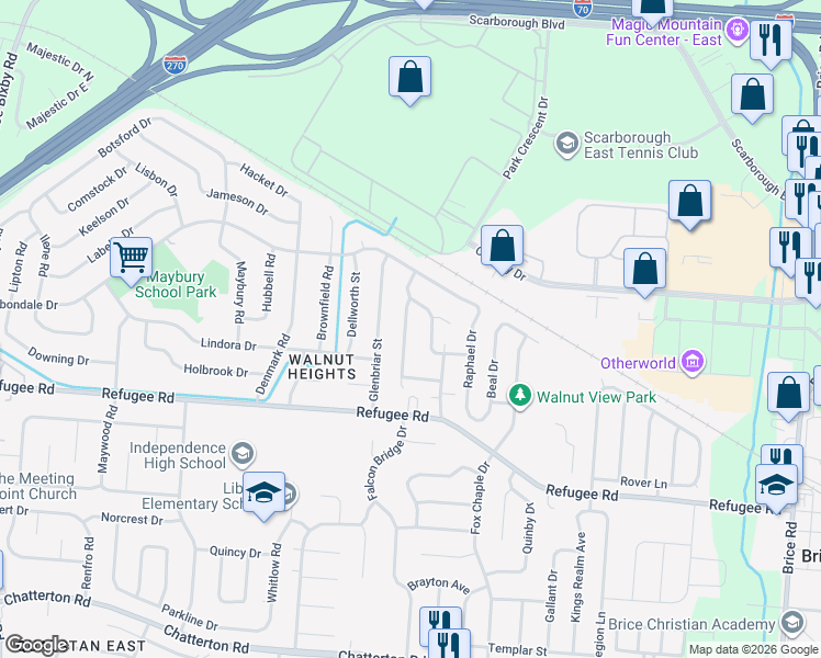 map of restaurants, bars, coffee shops, grocery stores, and more near 2701 Mellowbrook Street in Columbus