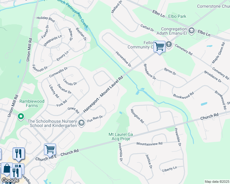 map of restaurants, bars, coffee shops, grocery stores, and more near 1 Wilderness Run Court in Mount Laurel Township