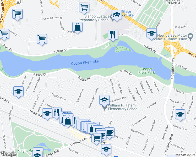 map of restaurants, bars, coffee shops, grocery stores, and more near 445 South Park Drive in Collingswood