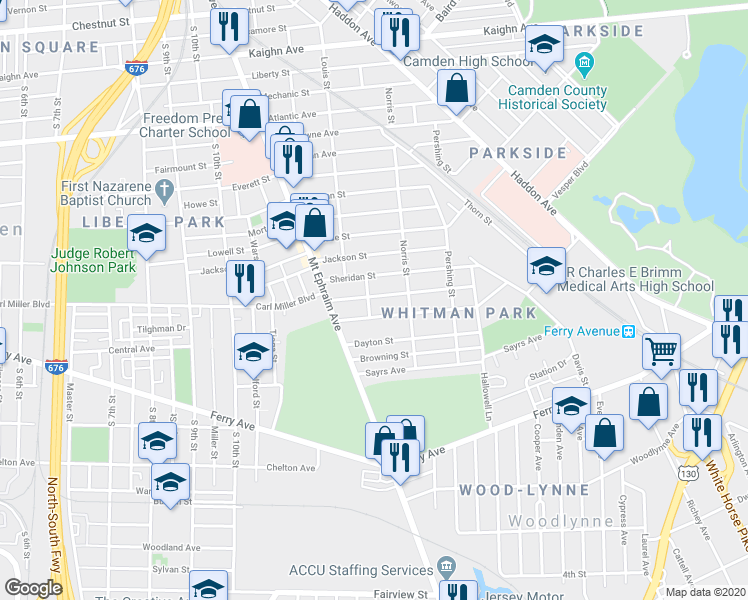 map of restaurants, bars, coffee shops, grocery stores, and more near 1277 Carl Miller Boulevard in Camden